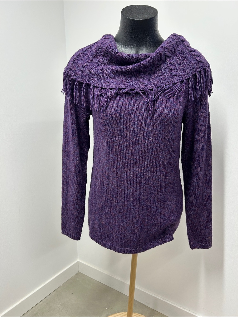 Christopher & Banks Purple Marled Cable Knit Fringe Cowl Neck Sweater - Medium